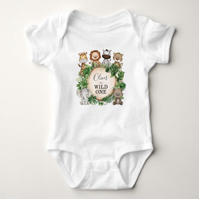 Wild One Boy Birthday Jungle Safari Animals Baby Bodysuit (Front)