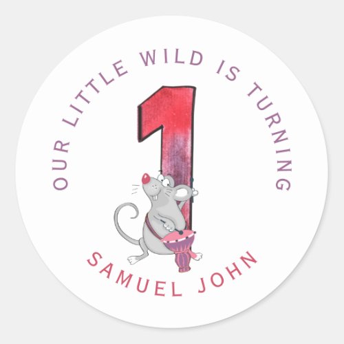 Wild One boy first birthday funny character party Classic Round Sticker