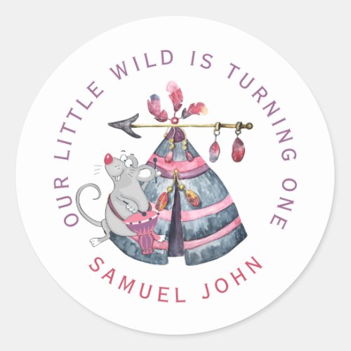 Wild One boy first birthday funny character party Classic Round Sticker