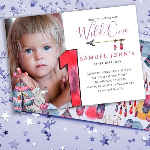 Wild One boy first birthday tribal PHOTO party Invitation