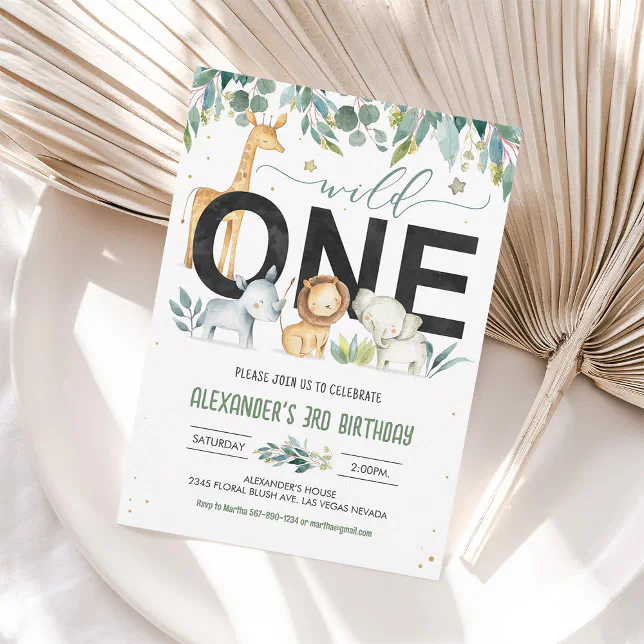 Wild One Boy Safari Birthday Jungle Animals Invitation