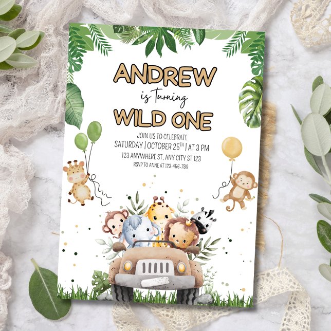 Wild One Boy's 1st Birthday Invite, Safari Animals Invitation (Creator Uploaded)