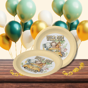 Wild one boys birthday safari animals paper plates