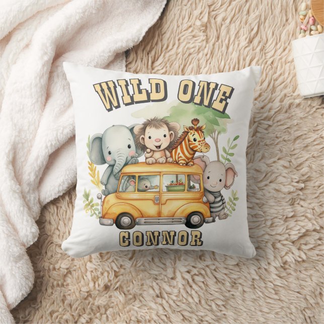 Wild one boys birthday safari animals  throw pillow (Blanket)