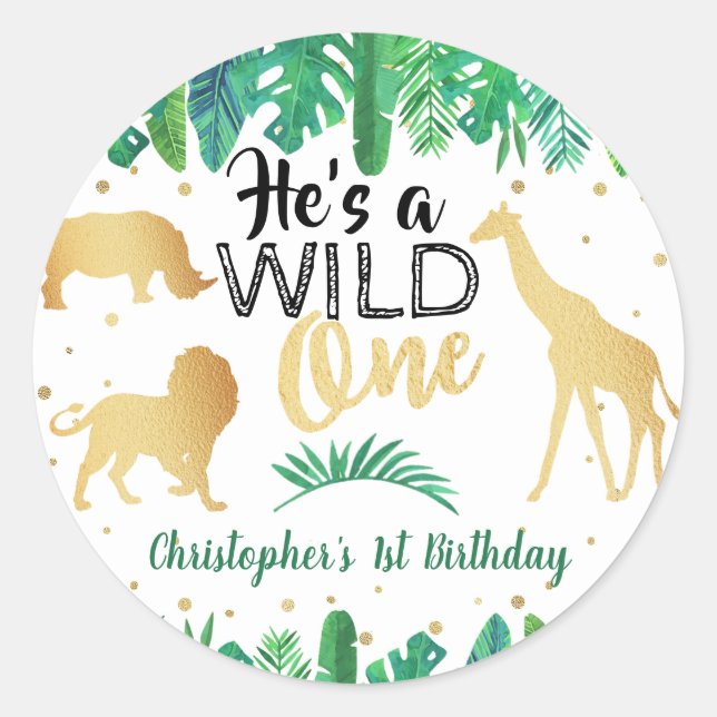 Wild One Boys First Birthday Party Favor Classic Round Sticker (Front)