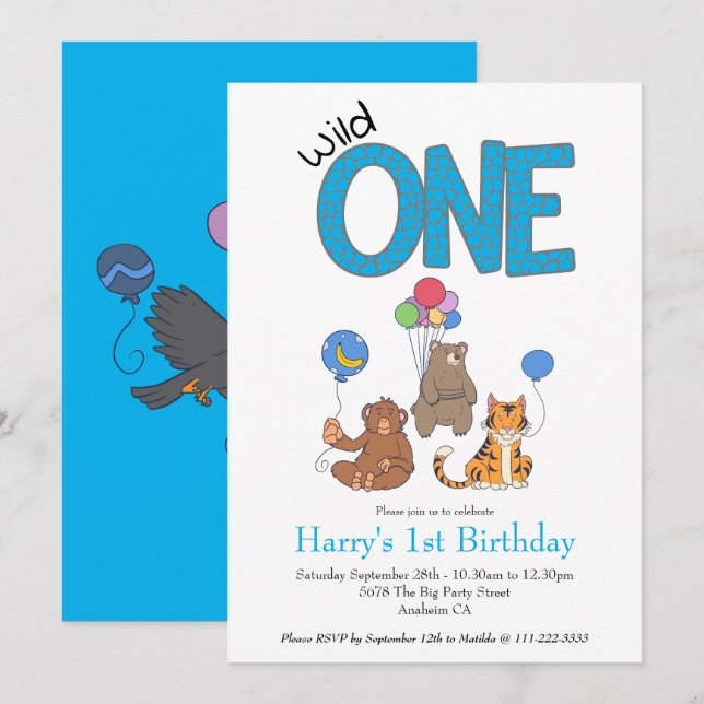 Wild One Boys First Birthday Safari Jungle Animals (Front/Back)