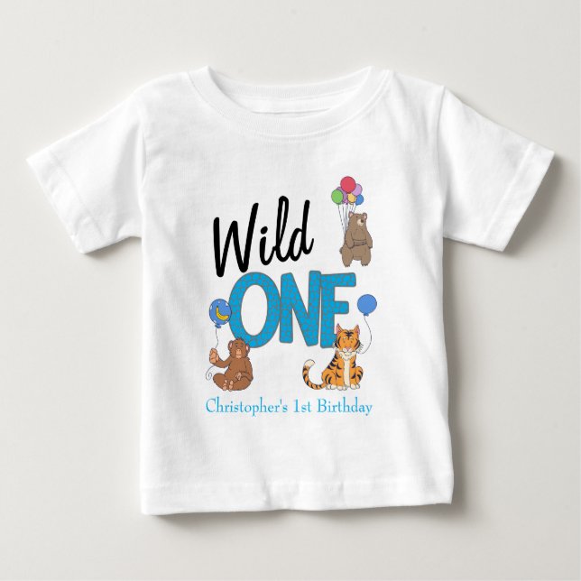 Wild One Boys First Birthday Safari Jungle Animals Baby T-Shirt (Front)