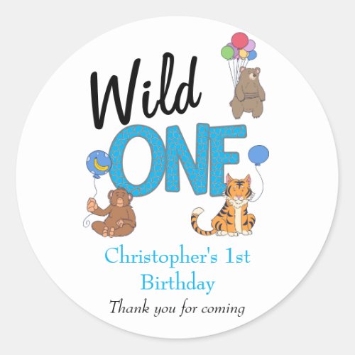 Wild One Boys First Birthday Safari Jungle Animals Classic Round Sticker