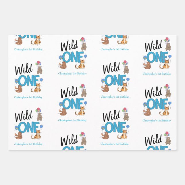 Wild One Boys First Birthday Safari Jungle Animals Wrapping Paper Sheets (Front)