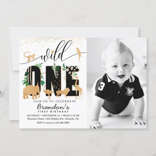 Wild One Boys Photo First Birthday Invitations