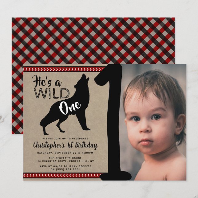 Wild One Boys Photo First Birthday Invitations (Front/Back)