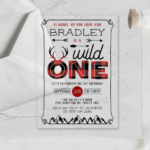 Wild One Boys Rustic Plaid Lumberjack 1st Birthday Acrylic Invitations
