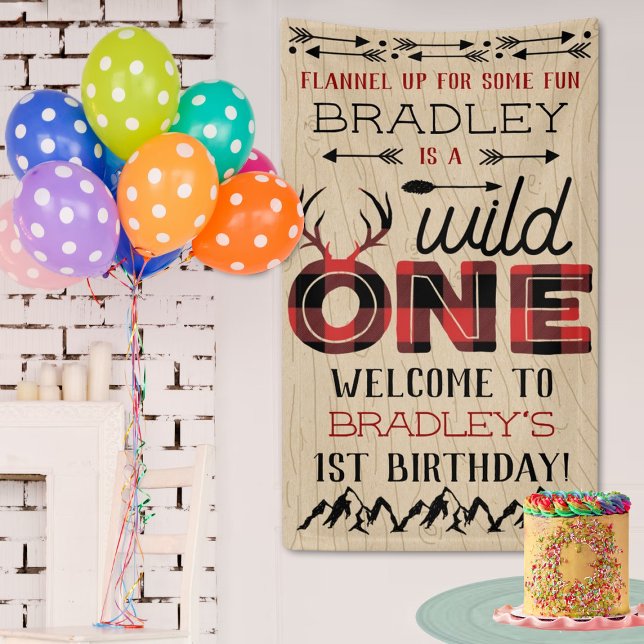 Wild One Boys Rustic Plaid Lumberjack 1st Birthday Banner (Creator Uploaded)
