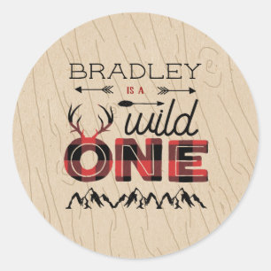 Wild One Boys Rustic Plaid Lumberjack 1st Birthday Classic Round Sticker
