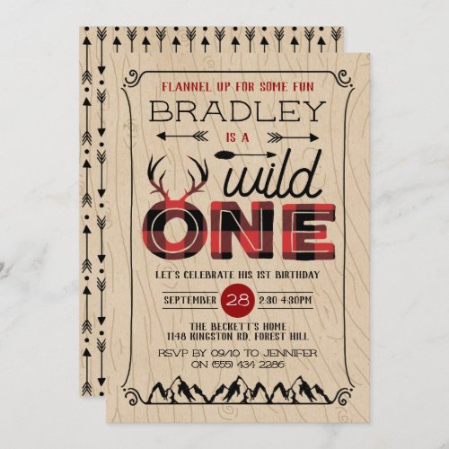 Wild One Boys Rustic Plaid Lumberjack 1st Birthday Invitation