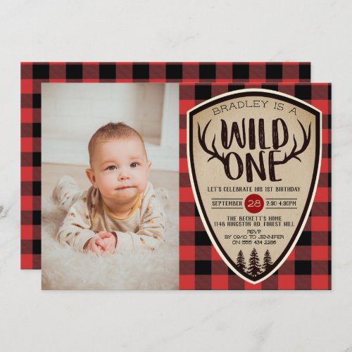 Wild One Boys Rustic Plaid Lumberjack 1st Birthday Invitation