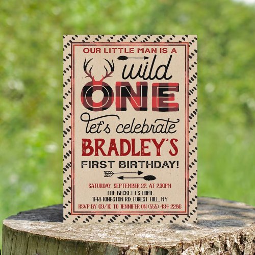 Wild One Boys Rustic Plaid Lumberjack 1st Birthday Invitation