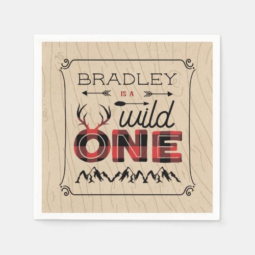 Wild One Boys Rustic Plaid Lumberjack 1st Birthday Napkins