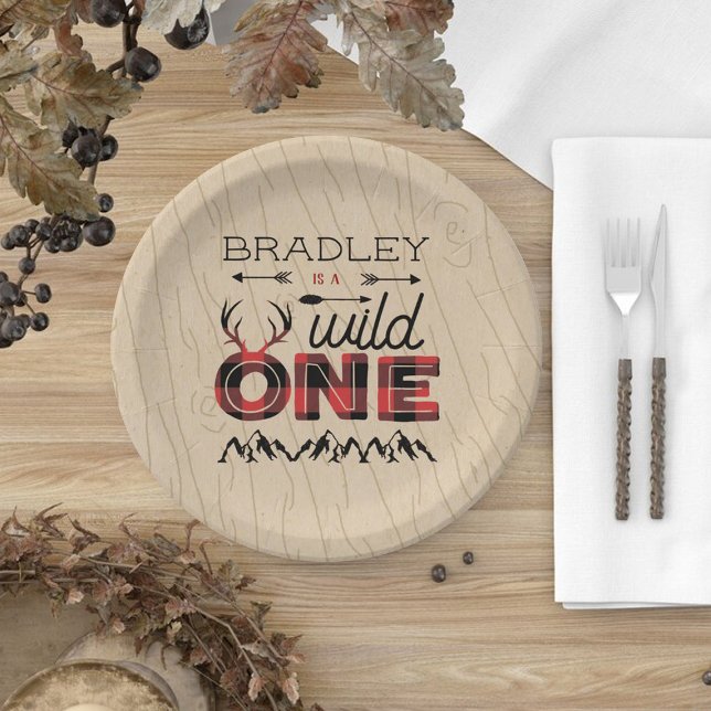 Wild One Boys Rustic Plaid Lumberjack 1st Birthday Paper Plates (Creator Uploaded)