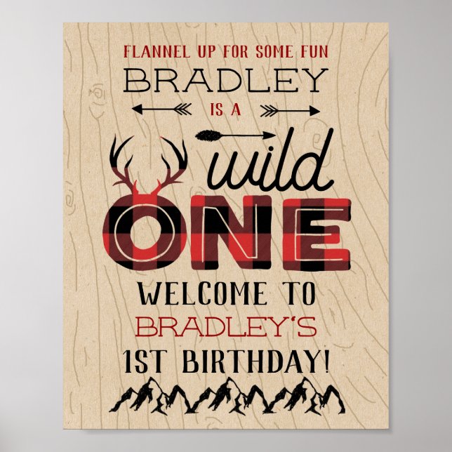 Wild One Boys Rustic Plaid Lumberjack 1st Birthday Poster (Front)