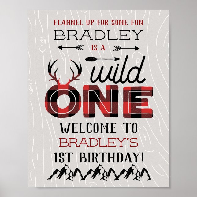 Wild One Boys Rustic Plaid Lumberjack 1st Birthday Poster (Front)