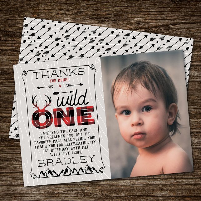 Wild One Boys Rustic Plaid Lumberjack 1st Birthday Thank You Card (Creator Uploaded)