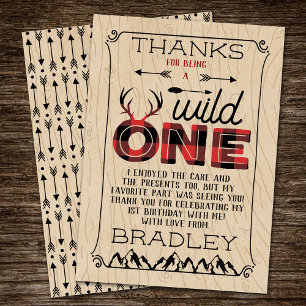Wild One Boys Rustic Plaid Lumberjack 1st Birthday Thank You Card