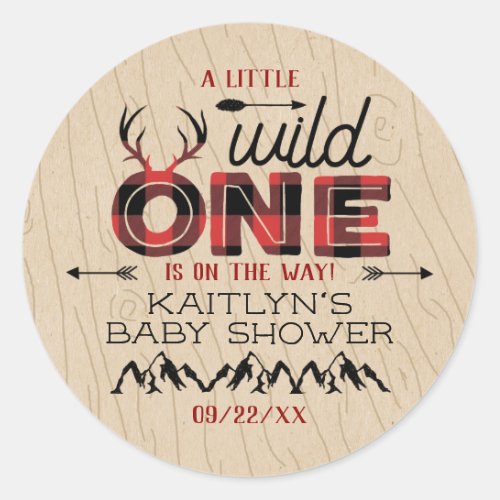 Wild One Boys Rustic Plaid Lumberjack Baby Shower Classic Round Sticker