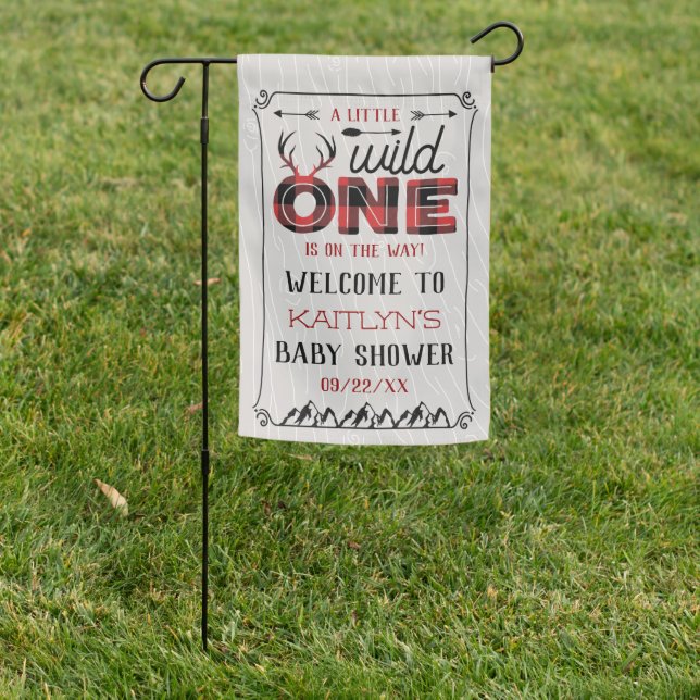 Wild One Boys Rustic Plaid Lumberjack Baby Shower Garden Flag (In SItu)