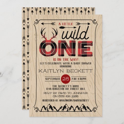 Wild One Boys Rustic Plaid Lumberjack Baby Shower Invitation