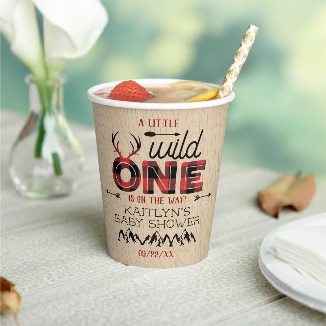 Wild One Boys Rustic Plaid Lumberjack Baby Shower Paper Cups (Insitu)