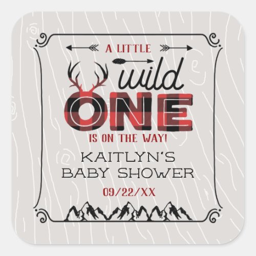 Wild One Boys Rustic Plaid Lumberjack Baby Shower Square Sticker