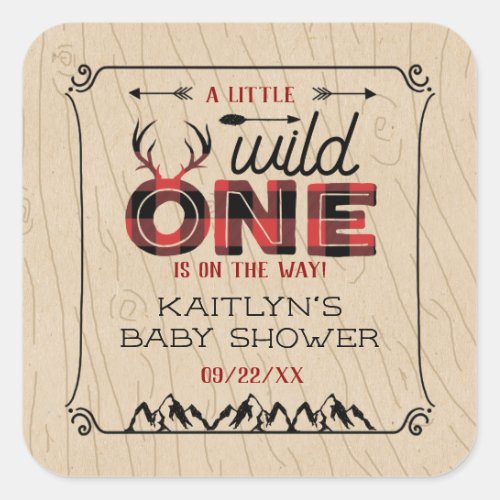 Wild One Boys Rustic Plaid Lumberjack Baby Shower Square Sticker