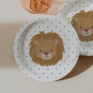 Wild One Boys' Safari Lion Blue Polkadot Paper Plates