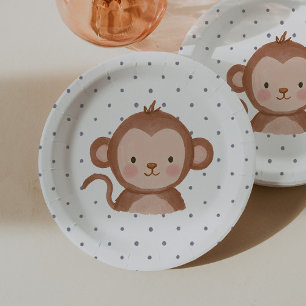 Wild One Boys' Safari Monkey Blue Polkadot Paper Plates