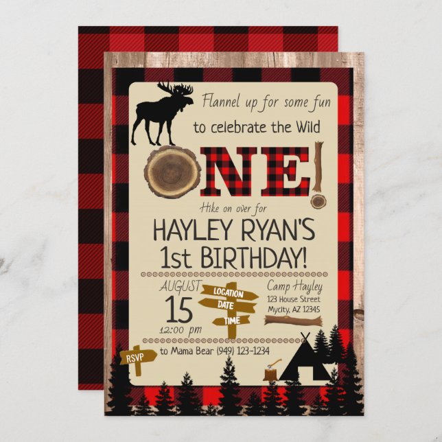 Wild One Buffalo Check Flannel Moose 1st Birthday Invitation (Front/Back)