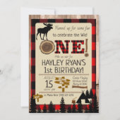 Wild One Buffalo Check Flannel Moose 1st Birthday Invitation (Front)