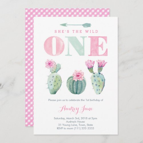 Wild One Cactus 1st birthday invites for Girl