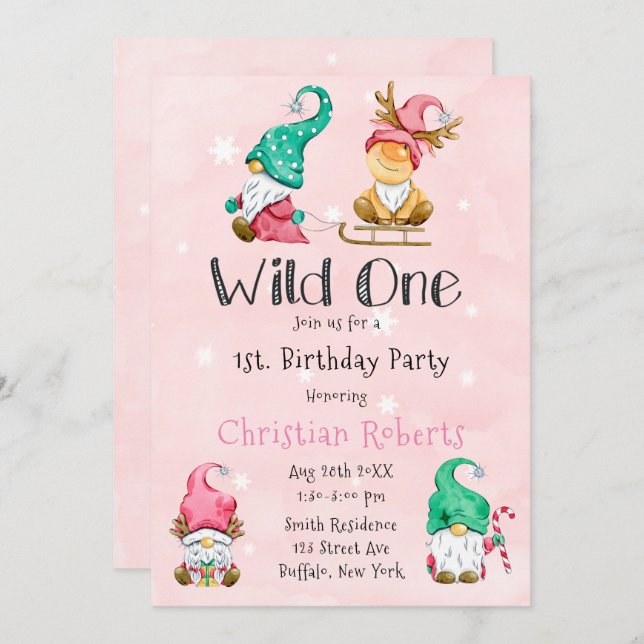 Wild One Christmas Gnome 1st Birthday  Invitation (Front/Back)
