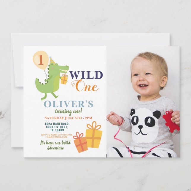 Wild One Crocodile Birthday First Party Photo Invitation (Front)