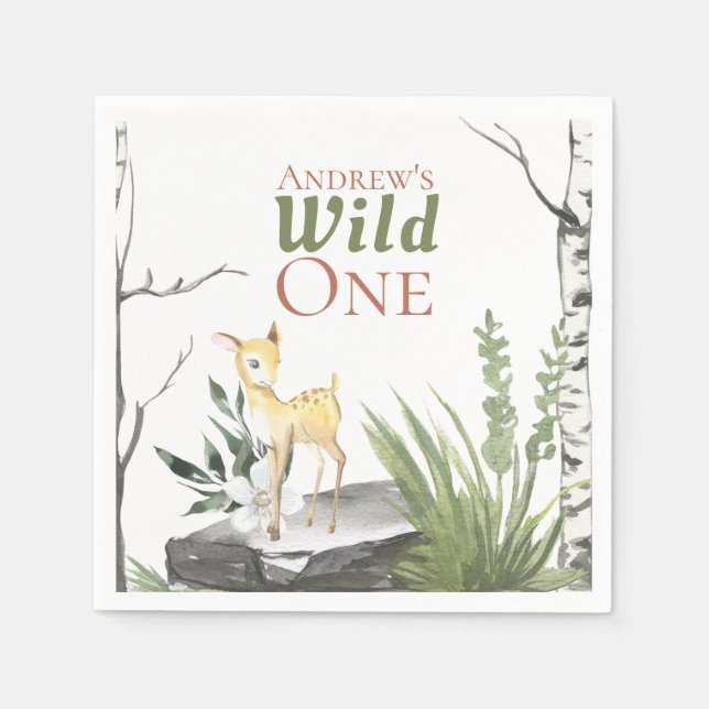 "Wild One" Cute 1st Birthday Watercolor Baby Deer Napkins (Front)