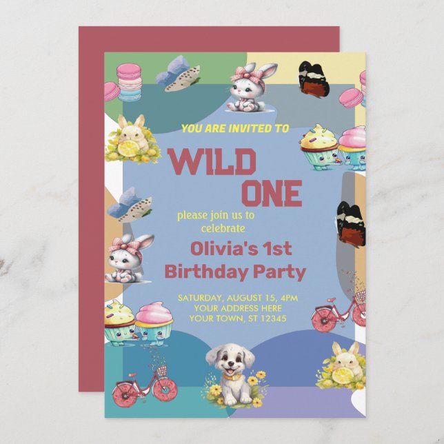 Wild One cute  Animals 1st Birthday  Invitation (Front/Back)