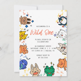 Wild One Cute Animals 1st Birthday Kids Invitation