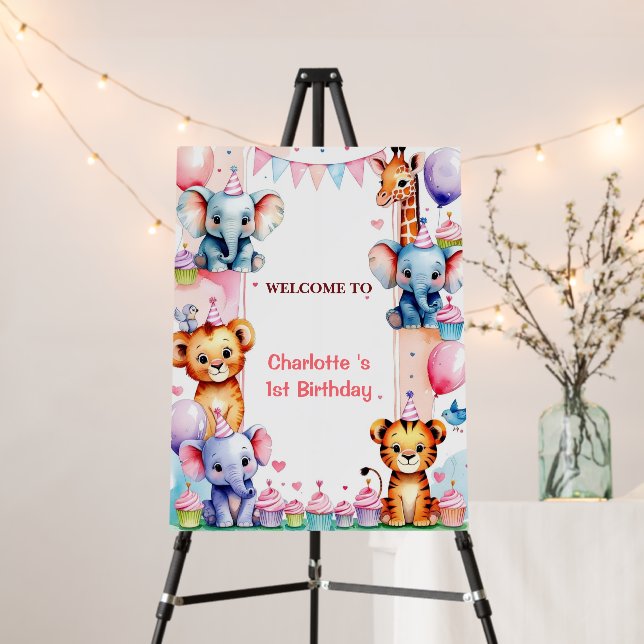 Wild One Cute Animals Balloon Boy 1st Birthday Foam Board (In Situ (Stand))