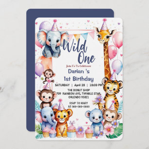 Wild One Cute Animals Balloon Boy 1st Birthday par Invitation