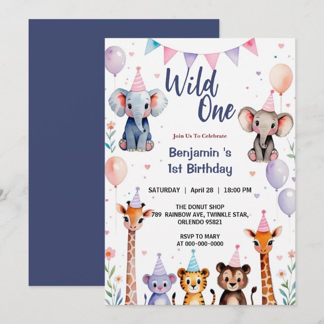 Wild One Cute Animals Balloon Boy 1st Birthday par Invitation (Front/Back)