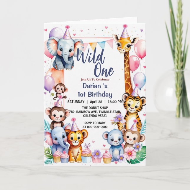 Wild One Cute Animals Balloon Boy 1st Birthday par Invitation (Front)