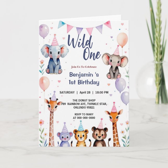 Wild One Cute Animals Balloon Boy 1st Birthday par Invitation (Front)