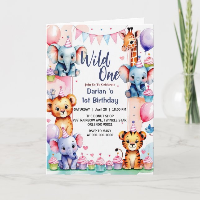 Wild One Cute Animals Balloon cupcake 1st Birthday Invitation (Front)