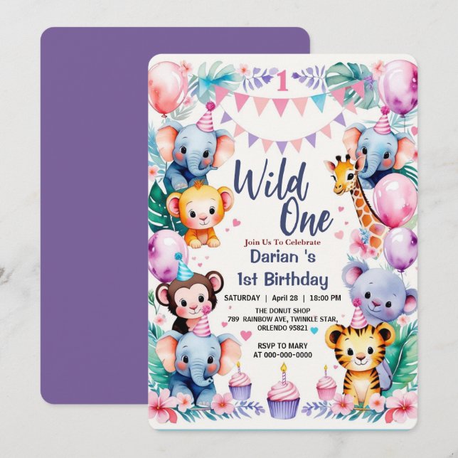 Wild One Cute Animals Balloon cupcake 1st Birthday Invitation (Front/Back)